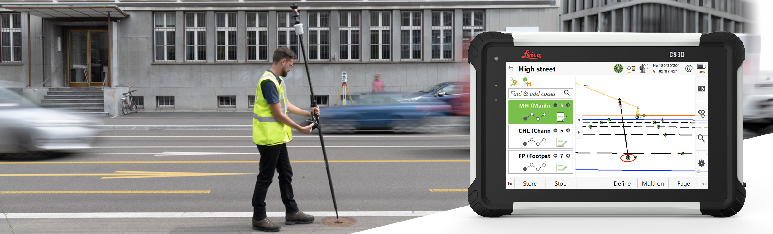 surveyor measures with a robotic total station and the data appears on a tablet running Leica Captivate software. 